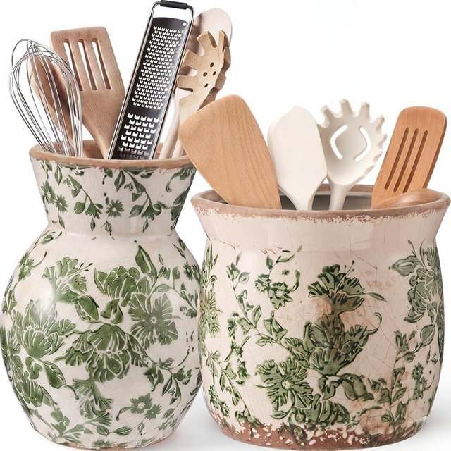 Ferrochef 2 Pack Green Floral Ceramic Utensil Holder 7.09" 5.51" Vintage Rustic Utensil Crock for Kitchen Counter Farmhouse Crock Spatula Organizer for Home Kitchen Decor Housewarming Gift