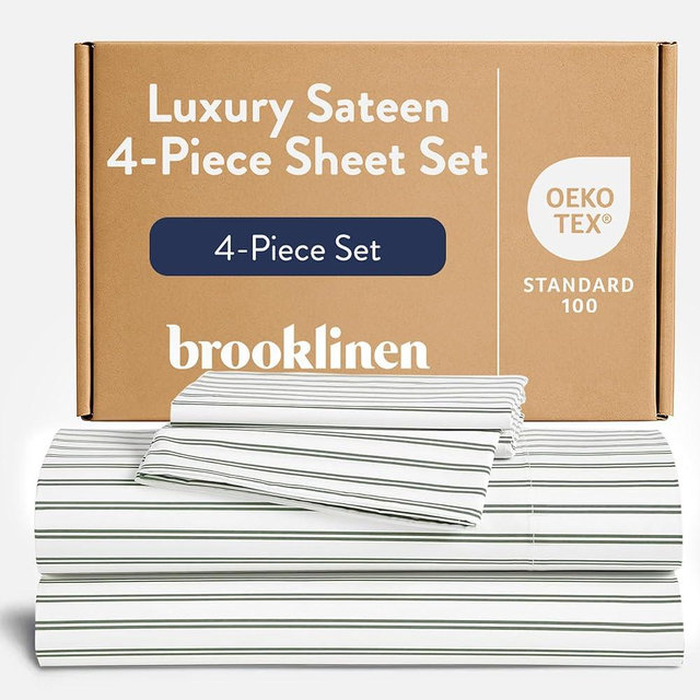 Brooklinen Luxury Sateen 4 Piece Sheet Set - 100% Cotton Bed Sheets, Durable Cali King Size Sheets Set in Green Tandem Stripe, Oeko-TEX Certified Bedding Set,1 Fitted Sheet,1 Flat Sheet,2 Pillowcases