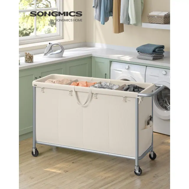 4-Section Rolling Laundry Hamper with Removable Liners, 68.6 Gallon Heavy-Duty Sorting Cart with Locking Wheels, Cream White