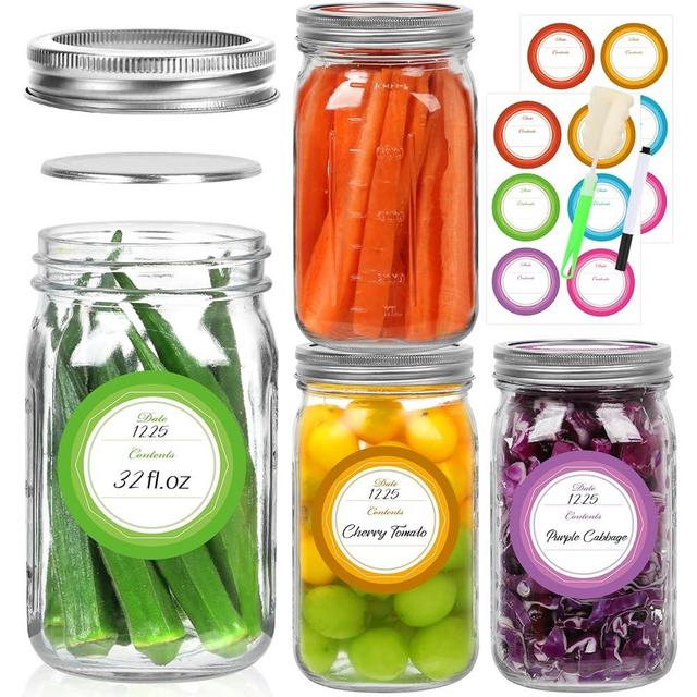 Alotpower 32 oz Mason Jars 4Pack,Empty Wide Mouth Mason Jars 32 oz with Lids&Bands/Stickers/Marker/Bottle Brush(32fl.oz, Set of 4)