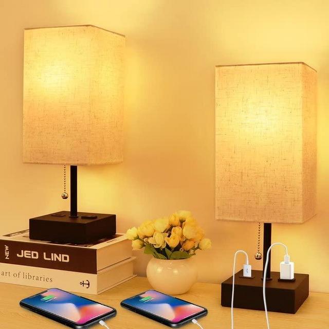 Table Lamps for Bedroom Set of 2, Bedside Lamps with USB Charging Port&Ac Outlet, 2700K 4000K 5000K, 3 Color Temperature Nightstand Lamp with Pull Chain for Living Room(LED Bulb Included)