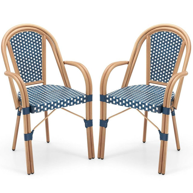 Tangkula Outdoor French Bistro Chairs Set of 2, Hand-Woven PE Wicker Patio Chairs with Armrests, Outdoor Dining Armchairs with Galvanized Metal Frame for Porch, Garden (1,Blue)