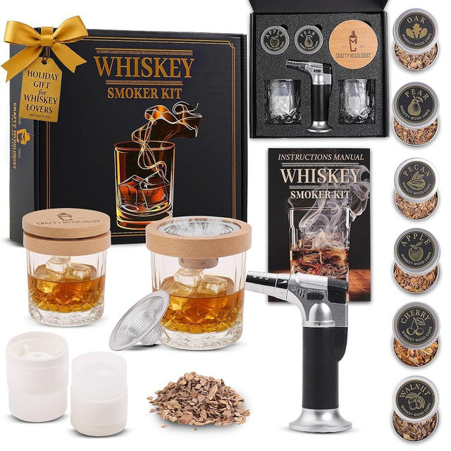 Whiskey Smoker Kit with Torch – 6 Wood Chip Flavors & 2 Glasses – Cocktail Smoker Infuser Set for Old Fashioned and Bourbon– Birthday Gifts for Men, Dad, Husband and Boyfriend(Butane Not Included)