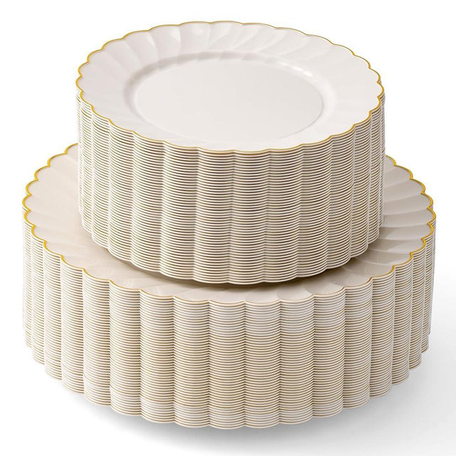 By Madee HEAVYWEIGHT 100 Pc Ivory and Gold Scalloped Disposable Plates for Party | 50 Dinner & 50 Dessert Heavy Duty Pastic Plates | Elegant and Fancy (50 Guests)