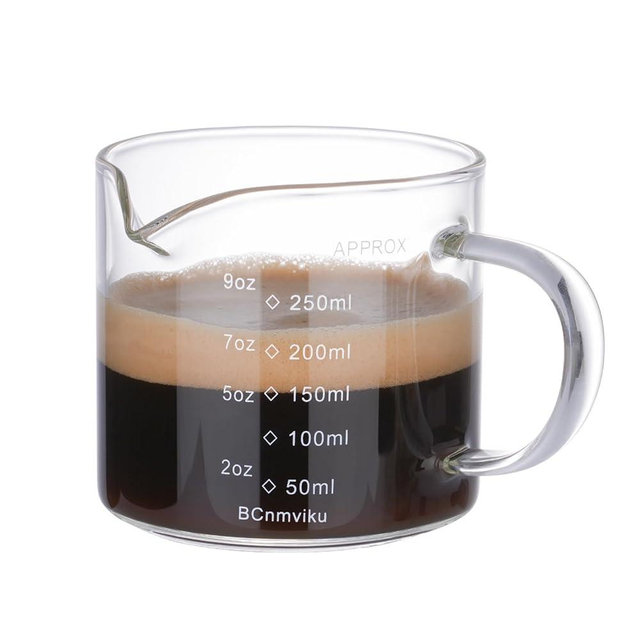 BCnmviku Espresso Cup Measuring Cup Triple Pitcher Milk Cup 250ML/8.5OZ Espresso Cups with Handle Shot Glass with V-Shaped Mouth Clear Accessories Milk Frothing Pitcher (1)