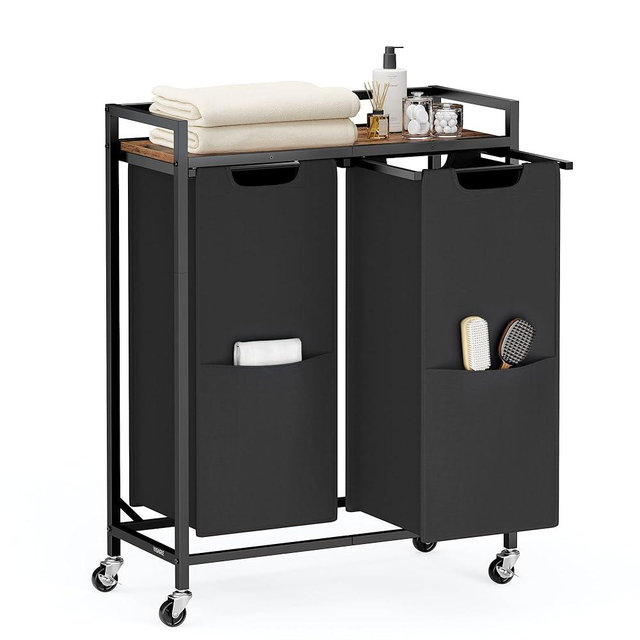 VASAGLE Laundry Sorter, 29 Gal. (110 L) Laundry Hamper Basket with 2 Compartments, Rolling Cart with Wheels, Shelf, Removable Bags, Pockets, Ink Black and Rustic Brown UBLH021B01