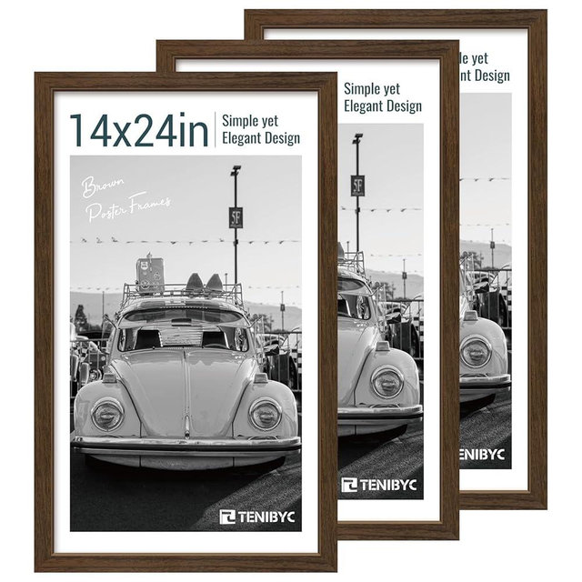 TENIBYC 14x24 Picture Frame 3 Pack - Brown Woodgrain, Wood Poster Frame, Gallery Poster Frame - Wall Hanging