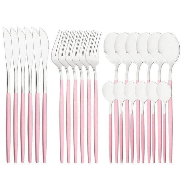 Snplowum Mirror Cutlery Serving Set, 24-piece 18/0 Stainless Steel Silverware With Pink Handle Simple & Modern Tableware For Home Party Restaurant Christmas Dinner, Service For 6 (Pink Silver)