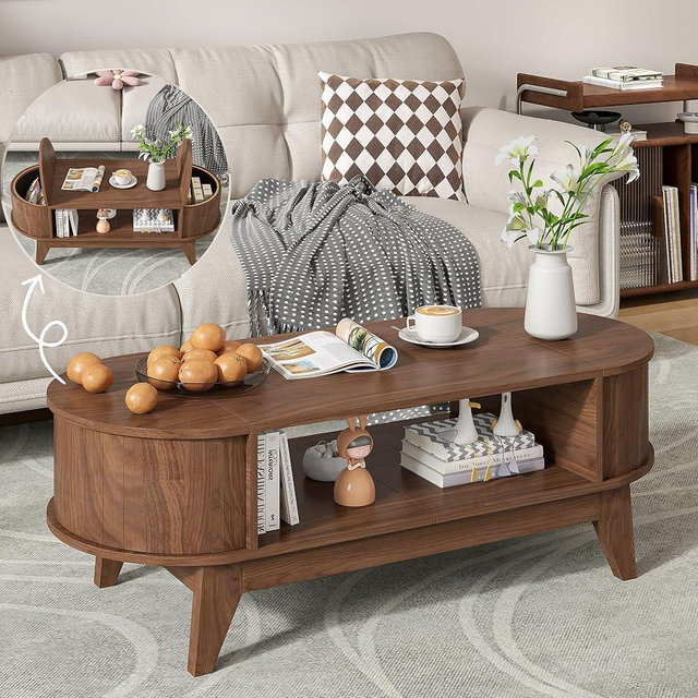 Coffee Table with 2 Hidden Storage,Mid Century Modern Coffee Table with Fluted Finish,Wood Center Tables Oval Coffee Tables with Flip-Top Lids for Living Room Home Office (Walnut Color)