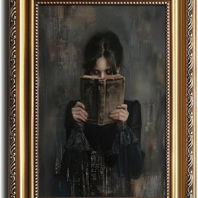 Kizbok Vintage Gold Framed Wall Art for Home Decor, Moody Victorian Wall Decor Woman Reading Bookish Canvas Prints for Wall Decor, Antique Librariancore Painting for Dark Academia Decor, Aesthetic Bedroom Framed Art Picture for Living Room Bathroom Gallery Shelf Decoration - 12x16inch