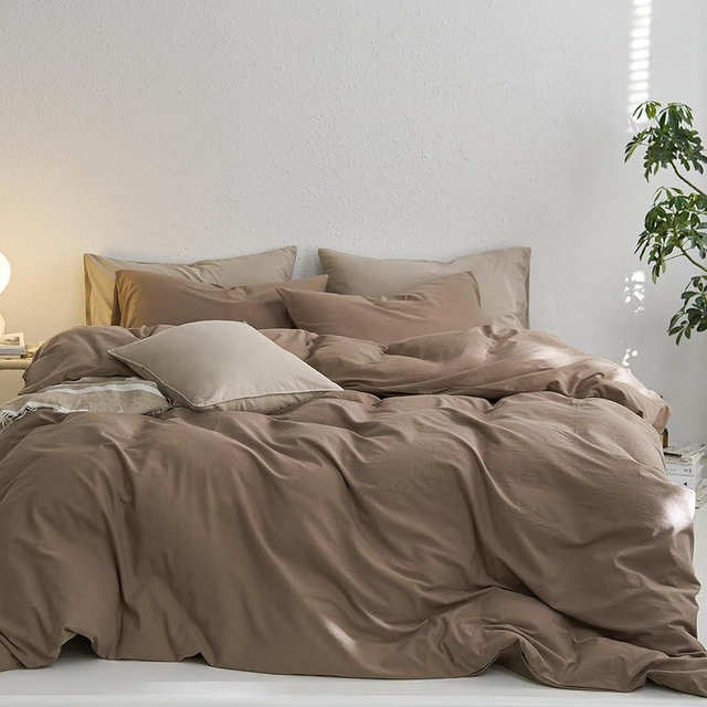 MooMee Queen Duvet Cover Set, 100% Washed Cotton Linen Like Twill Thick Sturdy Material Super Soft Breathable Durable Bedding for All Season, 3 Pieces (Bombay Brown, Queen 90"x90")