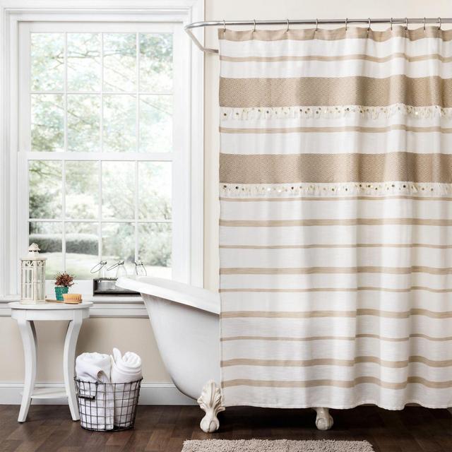 72-Inch x 72-Inch Malaika Stripe Shower Curtain in Tan/White