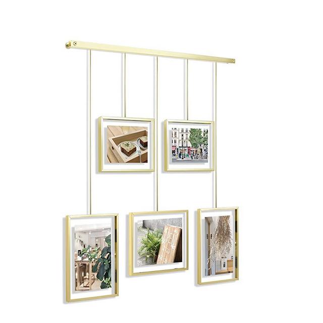 Umbra Exhibit Picture Frame Gallery Set Adjustable Collage Display for 5 Photos, Prints, Artwork & More (Holds Two 4 x 6 inch and Three 5 x 7 inch Images), Normal, Brass