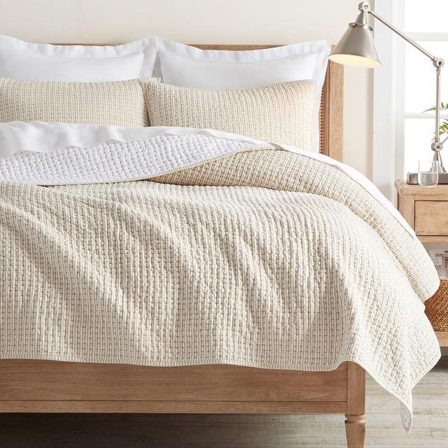 Khaki Pickstitch Wheaton Reversible Striped Cotton/Linen Quilt, Full/Queen