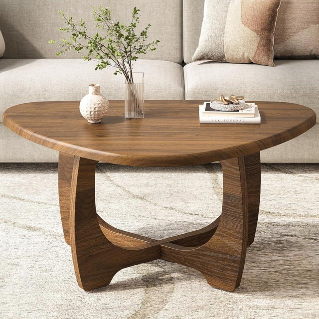 Curlaky Coffee Table for Living Room - Mid Century Modern Coffee Tables with Triangle Top, Unique Small Round Coffee Table, Wood Oval Tea Table with Solid Legs for Bedroom, 35.8"x 22.5" x 16.2" Walnut