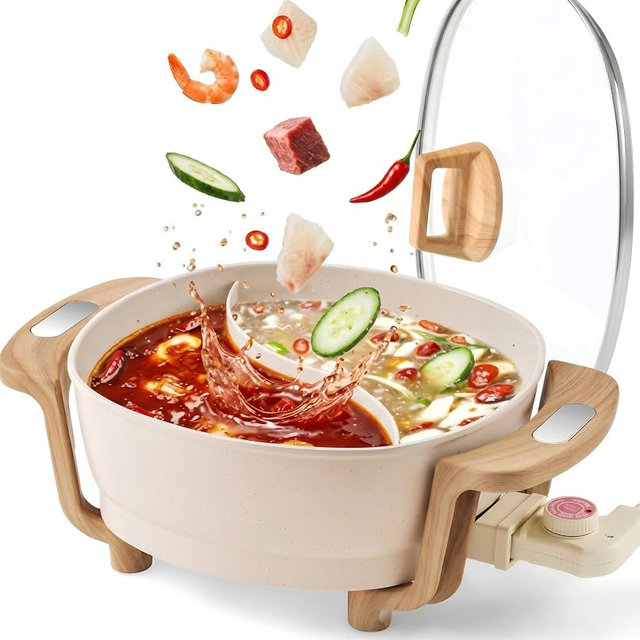 Hot Pot Electric Hot Pot with Divider, Large 6.3QT Nonstick Dual-Sided Shabu Shabu Pot Dual-Flavor hotpot electric 1500W with Adjustable 5-Temperature Control ，Perfect for Family Dinners & Parties | Zero flavor mixing，PFOA-free material，Effortless cleanup，Serves 4 to 8 people，Cool-touch handles，Even heat distribution