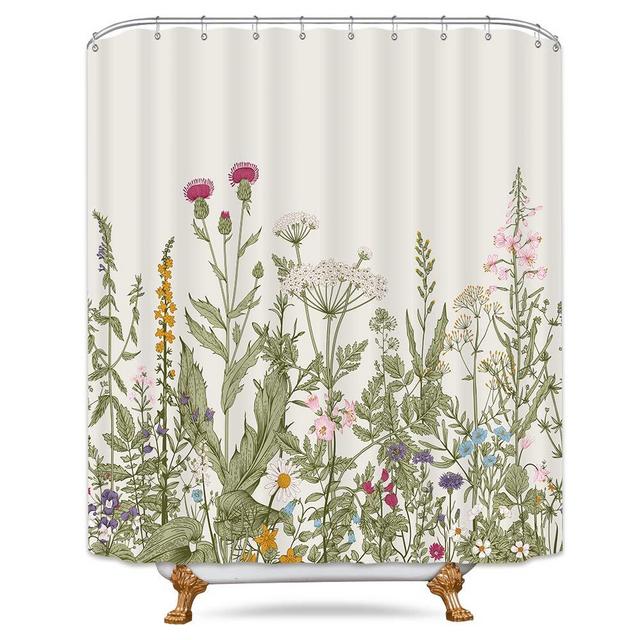 Riyidecor Herbs Flower Shower Curtain Wild Floral Leaf 60Wx72H Inch Vintage Nature Plant Rustic Fragrant Grass Botanical Blossom Decor Fabric Bathroom Set Polyester Waterproof 12 Pack Plastic Hooks