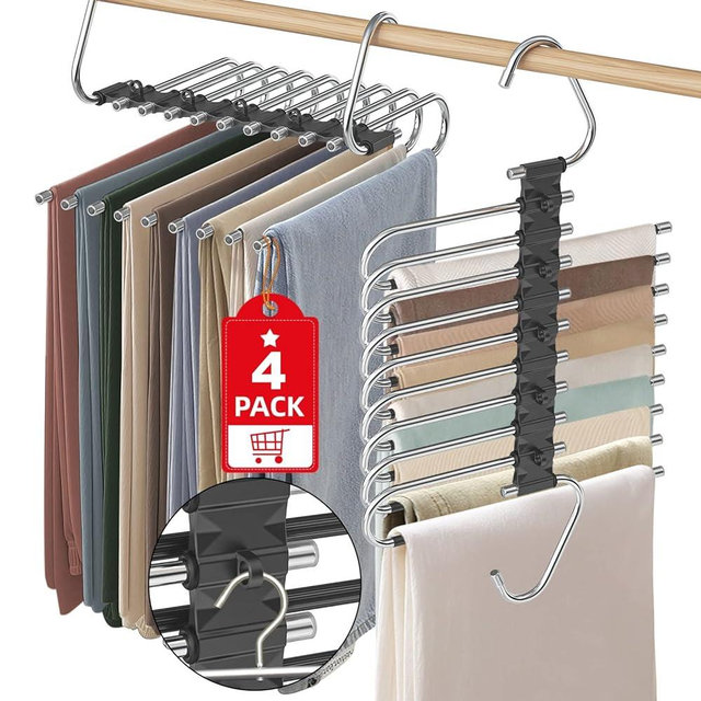 Upgrade 9 Layers Pant Hangers Space Saving, Non Slip Stainless Steel Multifunctional Pants Rack S-Type Clothes Pant Closet Hanger Organizer with Hooks for Pants Jeans Trousers Scarf (4 Pack, Black)