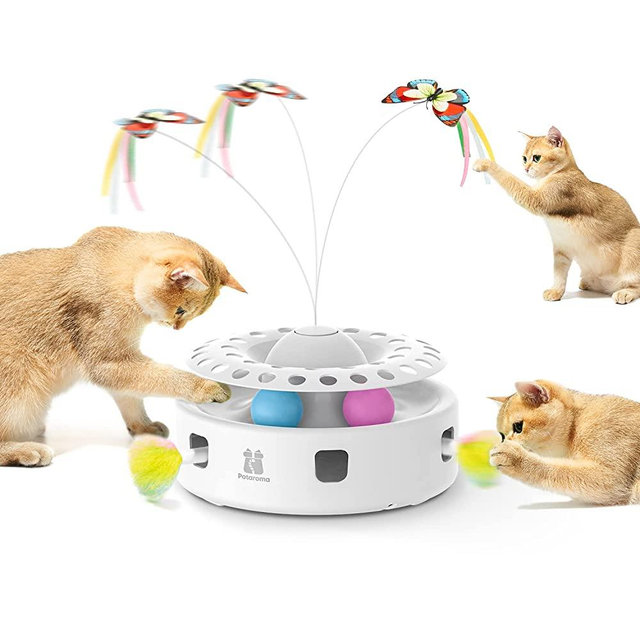 Potaroma Cat Toys 3-in-1 Automatic Interactive Kitten Toy, Fluttering Butterfly, Random Moving Ambush Feather, Track Balls, Dual Power Supplies, USB Powered, Indoor Exercise Cat Kicker (Bright White)