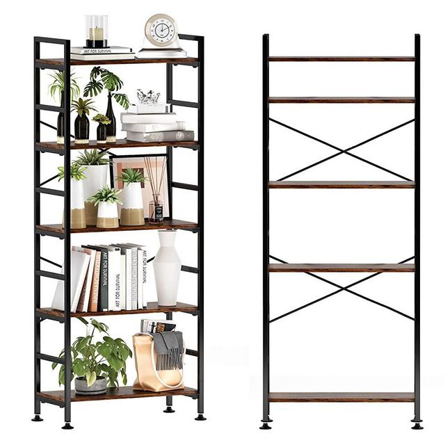CosyStar 5-Tier Adjustable Tall Bookcase, Rustic Wood and Metal Standing Bookshelf, Industrial Vintage Book Shelf Unit, Open Back Modern Office Bookcases