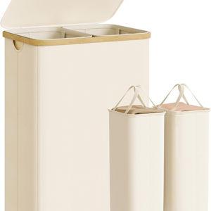 SONGMICS Laundry Hamper, Laundry Sorter with Lid, Storage Basket Bin, Removable Liners, Bamboo Frame, for Bedroom, 2 Sections, 39.6 Gal. (150 L), Cream White ULCB532WD01