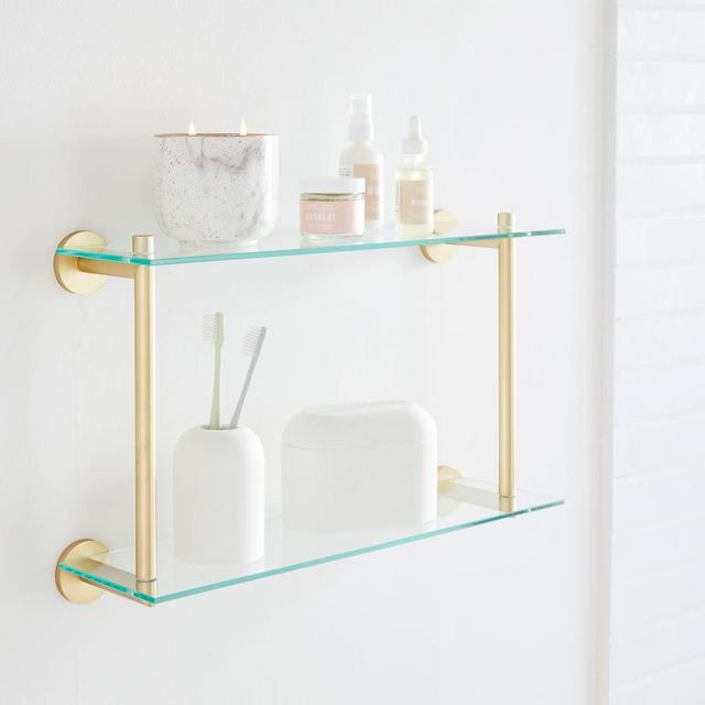 Modern Overhang Glass Bath Shelf, Double, Antique Brass, Metal, 18" Wide