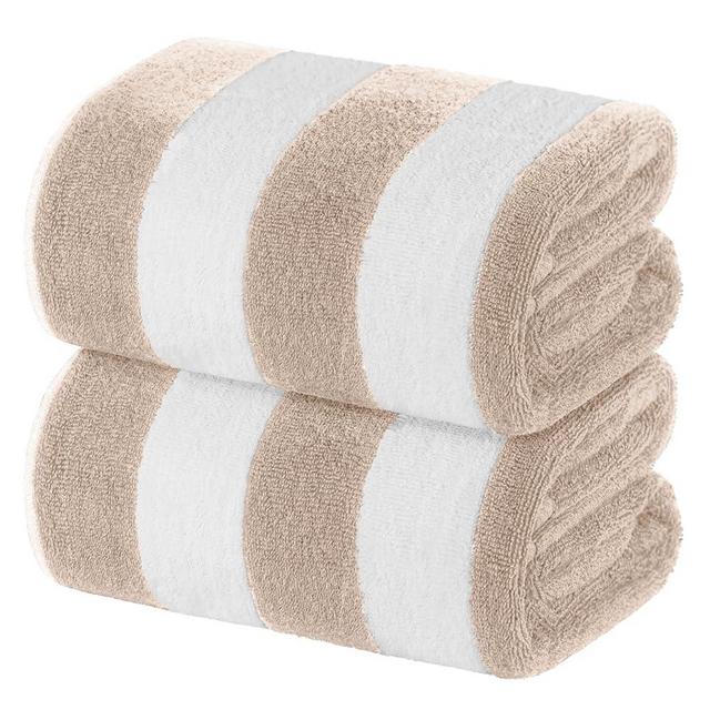 White Classic Beach Towels Oversized Cabana Stripe Cotton Bath Towel Large - Luxury Plush Thick Hotel Swim Pool Towels for Adults Super Absorbent Quick Dry - 35x70 Beige [2 Pack]