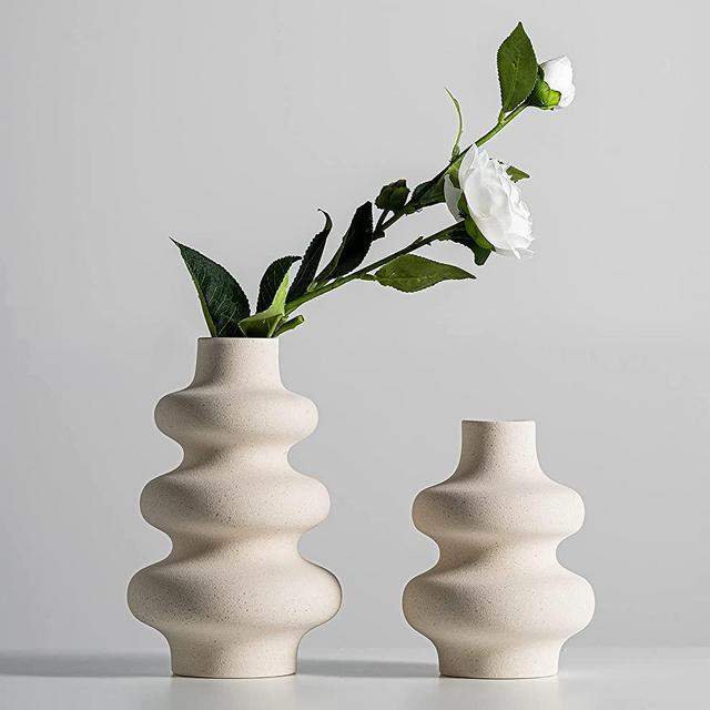 Steviieden Ceramic Vases Set 2, Modern Dried Flower Vases, Beige Round Vases, Boho Home Decor for Centerpieces Wedding Dinner Table Party Living Room Office Bedroom, Housewarming Gift