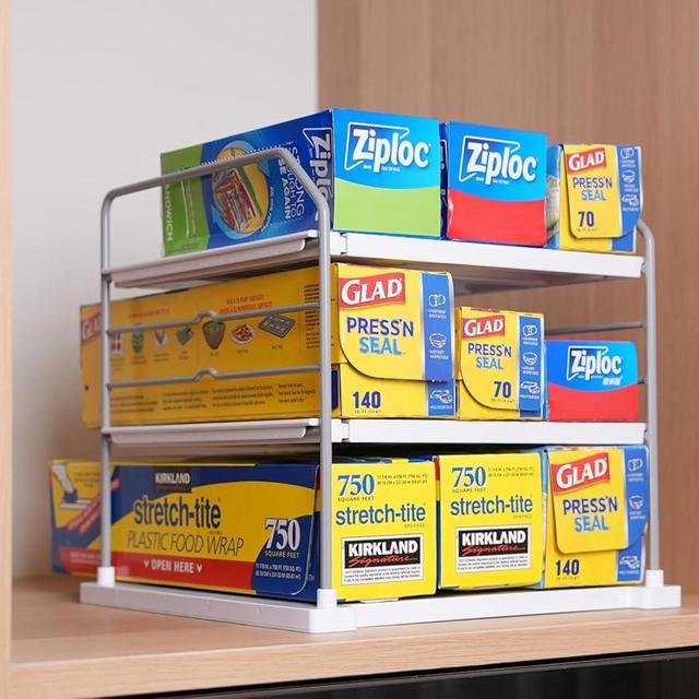 EVERIE Extendable Holder for Heavy Items, Jars, Bottles, Cans, Plastic Bags, Wrap, Foil, Snack and Box for Kitchen, Bathroom, Pantry, Counter, Cabinets, 11'' to 16.7'' Wide