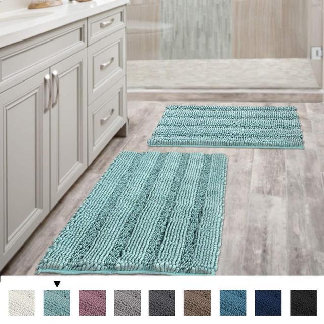 Non Slip Thick Shaggy Chenille Bathroom Rugs, Bath Mats for Bathroom Extra Soft and Absorbent - Striped Bath Rugs Set for Indoor/Kitchen (Set of 2-20" x 32"/17" x 24") Eggshell Blue