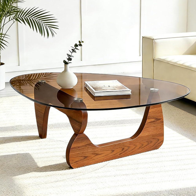 Living Room Glass Coffee Table, 35.4" Mid Century Modern Coffee Table with Walnut Leg, Unique Center Tables with Brown Glass Tabletop, Small Side Coffee Tables for Home Office