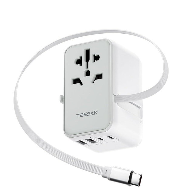 TESSAN Universal Travel Adapter PD 35W GaN, International Power Adapter Built in 1 Retractable USB C Cable, 6 in 1 Travel Adaptor Worldwide with 4 USB Ports for US to Europe UK AUS (Type C G A I)