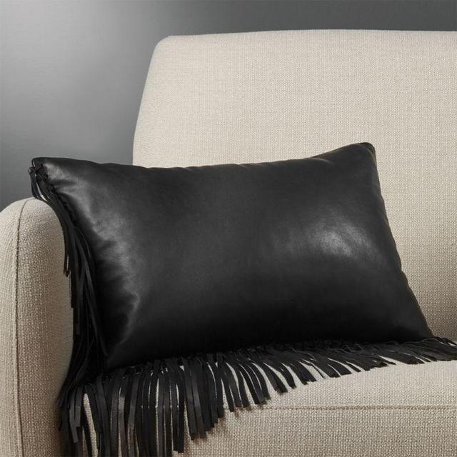 18"x12" Leather Fringe Ivory Pillow with Down-Alternative Insert