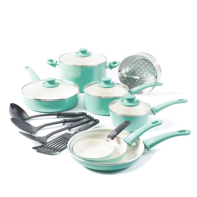 GreenLife Soft Grip 16pc Ceramic Non-Stick Cookware Set, Turquoise