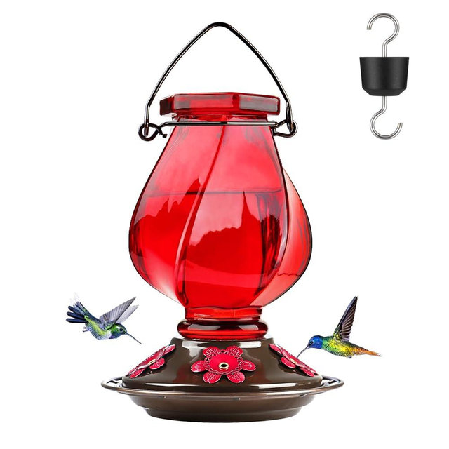 Hummingbird Feeder, BOLITE Glass Hummingbird Feeders for Outdoors Hanging, with Ant Moat and Five Feeding Ports, 22 Ounces, Leak Proof, Red, Birthday Gifts for Women Men, Gifts for Mom Dad