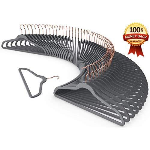 Premium Quality Velvet Hanger (Set of 50) - Ultra -Thin No Slip Velvet Suit Hangers - Swivel Rose Gold Hooks, Stronger Than Standard Velvet Hangers - Space Saving Valvet Hanger (50, Grey)