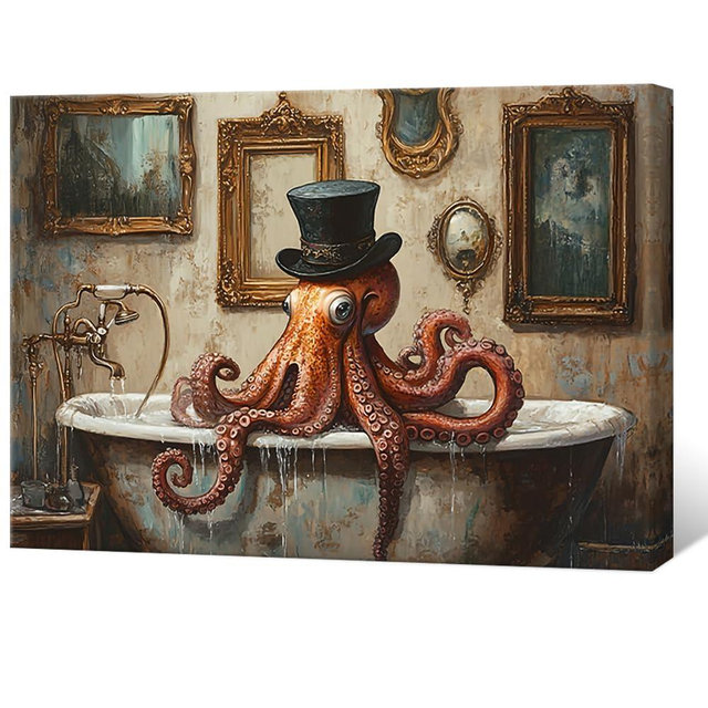 Funny Bathroom Wall Art Goth Octopus in Bathtub Posters Whimsical Room Decor Cool Nautical Canvas Animal Print Pictures Ocean Themed Aesthetic for Dorm Apartment Toilet Restroom House 20x30in Framed