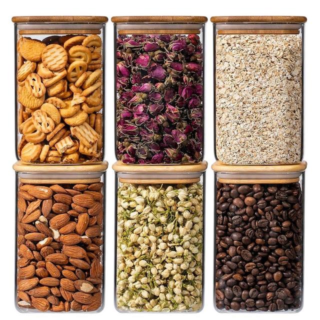 Xoniwis 37oz 6PCS Glass Storage Containers with Lids, Glass Jars with Lids Pantry Food Storage Jars, Square Canister For Cookie, Nuts, Snack, Cereal, Candy, LeafTea, Coffee, Spice