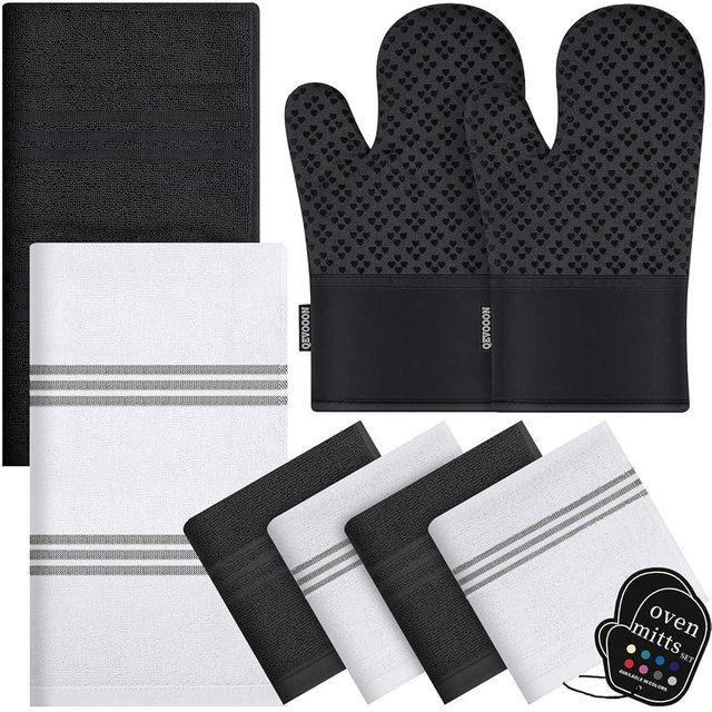Dish Towels and Dishcloths with Oven Mitts Sets- 100% Cotton Tea Towels for Kitchen- 500 F Heat Resistant Oven Mittens 7.5"x12", Durable Dish Cloths 11.8"x11.8", Absorbent Dish Towels 13.5"x24"