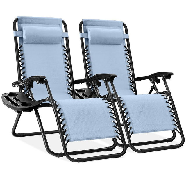 Best Choice Products Set of 2 Adjustable Steel Mesh Zero Gravity Lounge Chair Recliners w/Pillows and Cup Holder Trays - Dusty Blue/Black