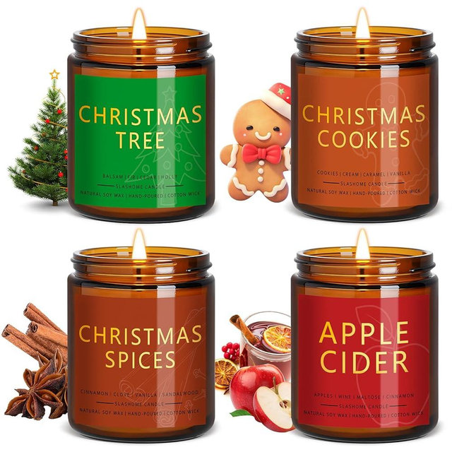 Christmas Candle Gift Set, 4 Pack 7 oz Soy Scented Candles for Home, Holiday & Birthday Gift for Women & Men, Includes Christmas Tree, Cookies, Spices & Apple Cider, Winter Holiday Home Decor