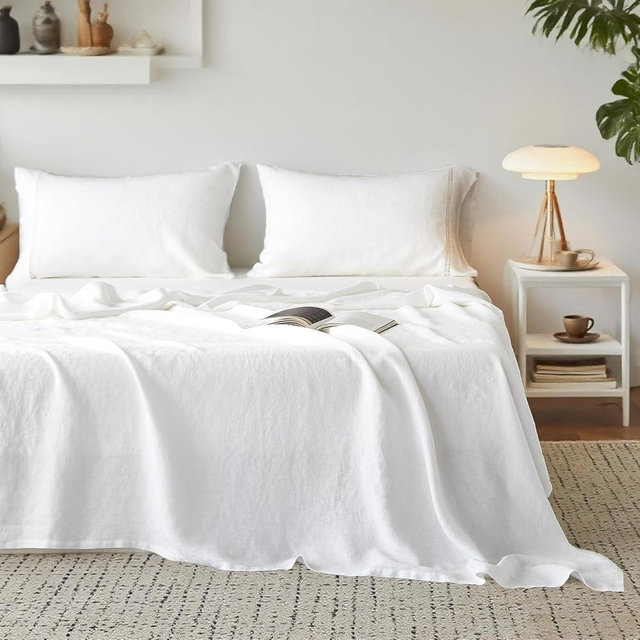 Simple&Opulence 100% Washed Linen Sheet Set-Natural French Flax Bed Sheet-4 Pc Breathable Soft Bohemian Chic Bedding (1 Flat Sheet,1 Fitted Sheet,2 Pillowcases) with Hollow Hemstitch-Knot White, Queen