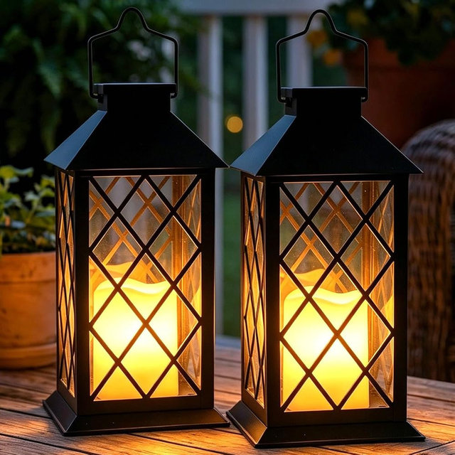 Dekofun 2 Pack 14" Large Tempered Glass Solar Lanterns Outdoor Waterproof, Hanging Solar Lights with Flickering Flameless Candles, Solar Lantern for Wall Porch Patio Table Garden Decoration (Black)