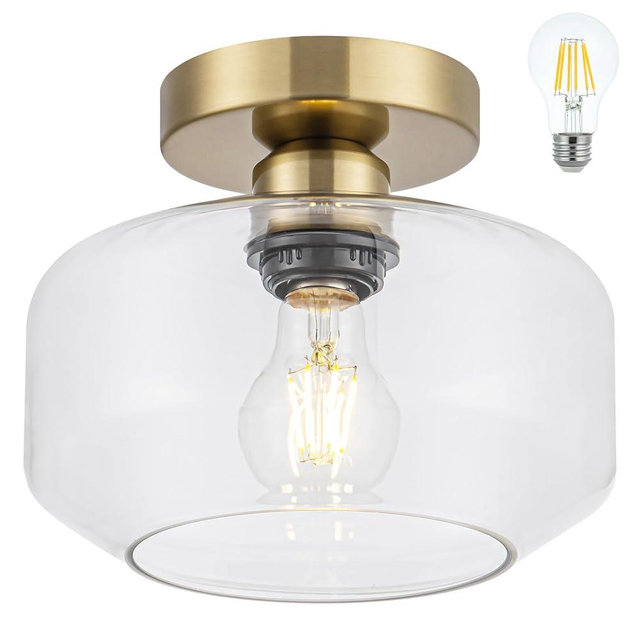 Tbaoinal Semi Flush Mount Ceiling Light Clear Glass Shade Matal Base, Inclede 900 LM LED Bulb, Low-Profile for Kitchen/Hallway/Entryway/Bathroom, Golden