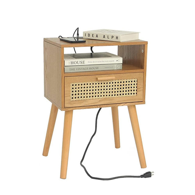 MaxSmeo Mid Century Modern Nightstand with Charging Station, Bedside Tables with Rattan Drawer, Small Wood Nightstand Side Table for Living Room,Bedroom (Brown)