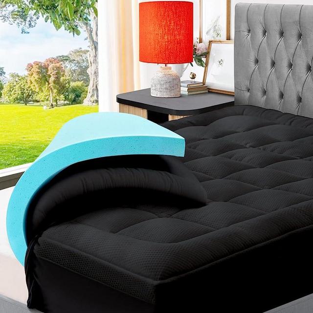 ELEMUSE Dual Layer 4 Inch Memory Foam Mattress Topper Queen Size, 2 Inch Cooling Gel Memory Foam Plus 2 Inch Bamboo Pillow Top Cover, Comfort Support Back Pain Relief, Black