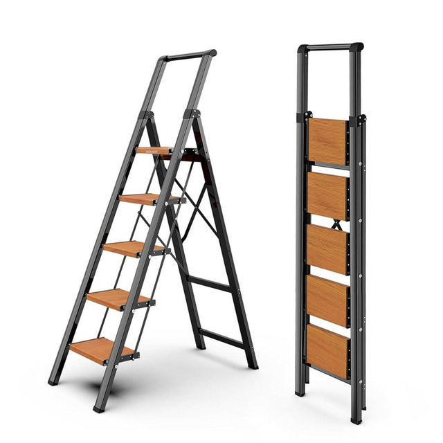 WOA WOA Step Ladder, 5-Step Folding Ladder with Wide Pedals, Tall Aluminum Ladder with Non-Slip Feet, Lightweight Stepladder for High Closets and Indoor Use, Space-Saving, 300lbs - Black&Wood Grain