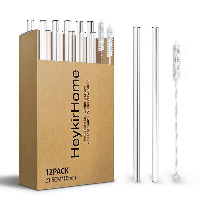 HeykirHome 12-Pack Reusable Glass Straw,Size 8''x10 MM,Including12 Straight with 2 Cleaning Brush- Perfect For Smoothies, Tea, Juice