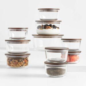 Crate & Barrel 20-Piece Round Glass Food Storage Container Set with Dark Acacia Wood Lids + Reviews | Crate & Barrel