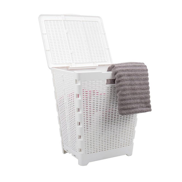 Mind Reader 61L Foldable Laundry Hamper, Clothes Basket, Lid, Wicker Design, Plastic, 18"L x 14.5"W x 21.25"H, White